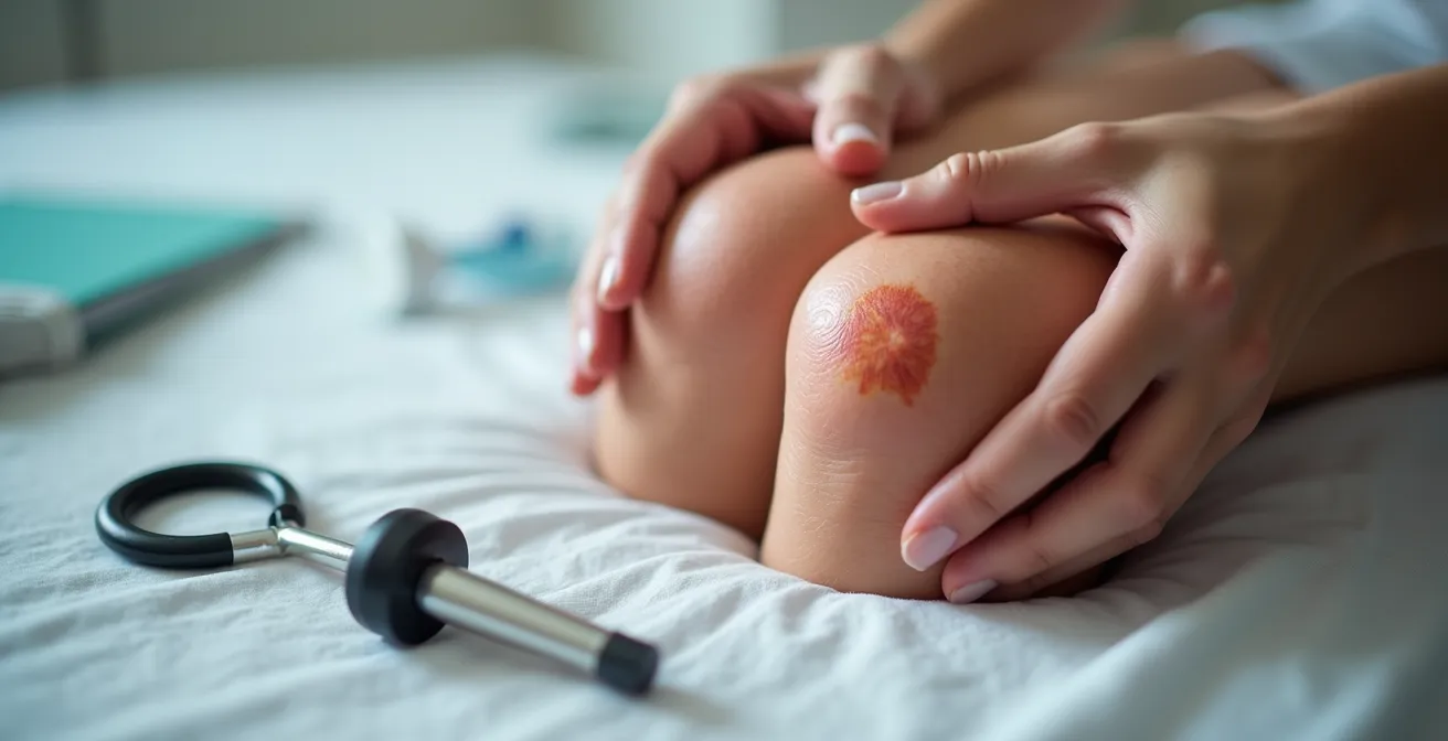 Close-up view of knee joint showing swelling and inflammation with medical assessment tools nearby