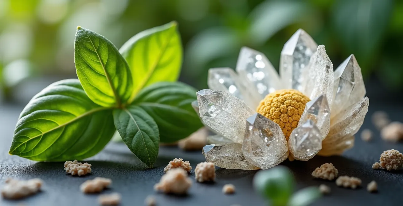 Close-up macro photograph showing textures of holy basil leaves, rhodiola roots, chamomile flowers and magnesium crystals