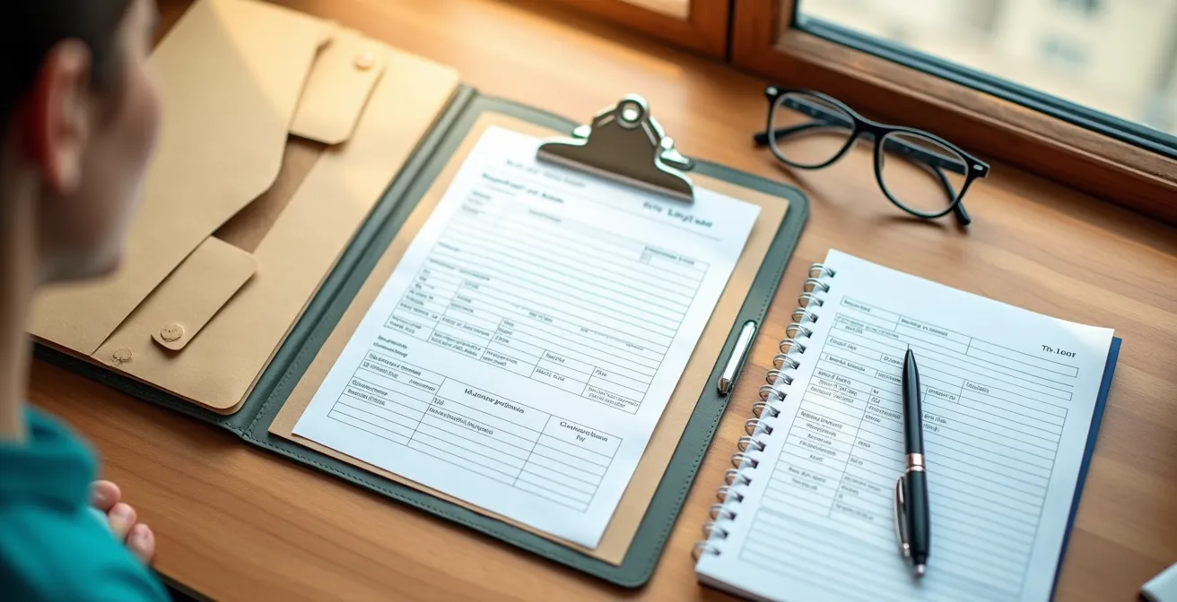Patient preparation materials for orthopedic consultation including medical documents and question list on desk