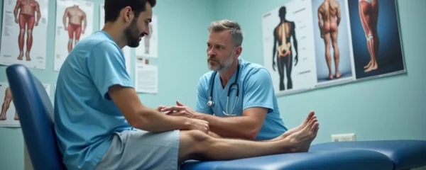 Professional medical consultation showing orthopedic surgeon examining patient's knee in clinical setting