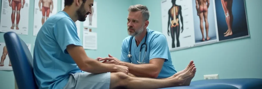 Professional medical consultation showing orthopedic surgeon examining patient's knee in clinical setting