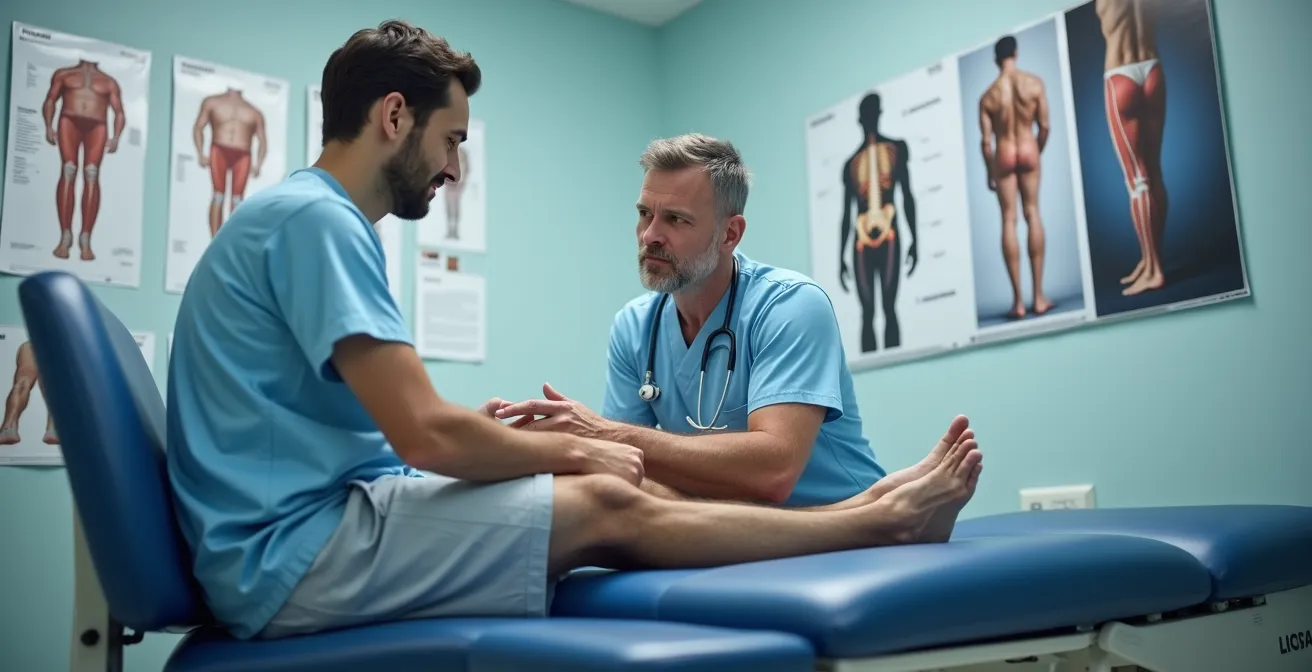 Professional medical consultation showing orthopedic surgeon examining patient's knee in clinical setting