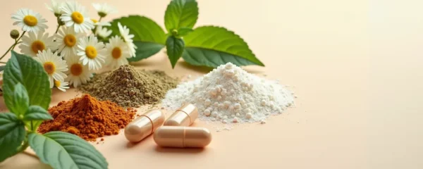 Photorealistic editorial style image of natural plant extracts, minerals, and vitamins representing key ingredients for stress management, with soft natural lighting and clean composition