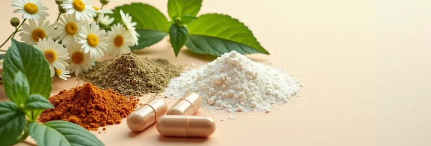 Photorealistic editorial style image of natural plant extracts, minerals, and vitamins representing key ingredients for stress management, with soft natural lighting and clean composition