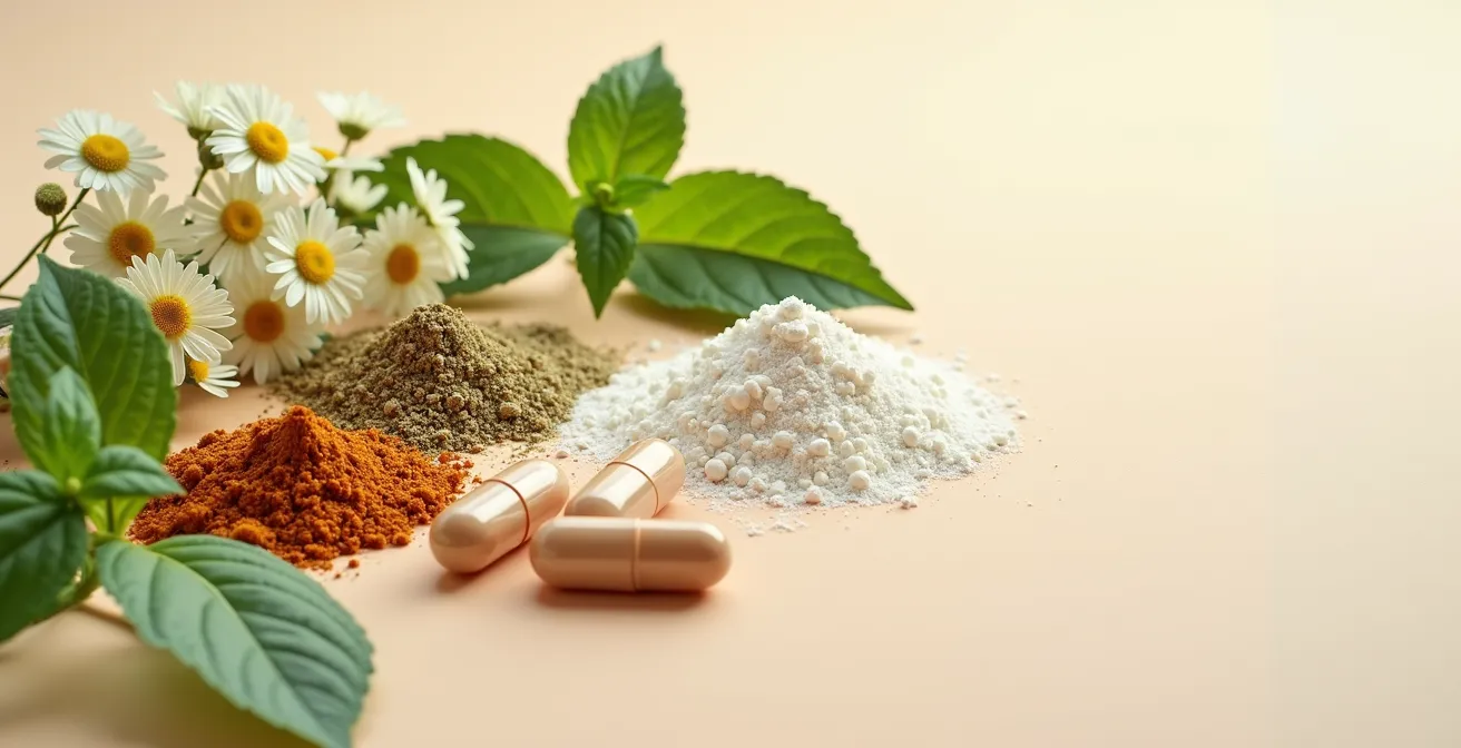 Photorealistic editorial style image of natural plant extracts, minerals, and vitamins representing key ingredients for stress management, with soft natural lighting and clean composition